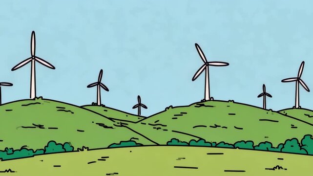 Sustainable wind turbines generating clean energy on a lush green mountain ridge under a bright blue sky. Animation wind turbines landscape