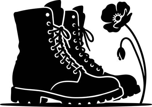 Military Combat Boots with Poppy Flower Silhouette - Memorial Day Remembrance Vector