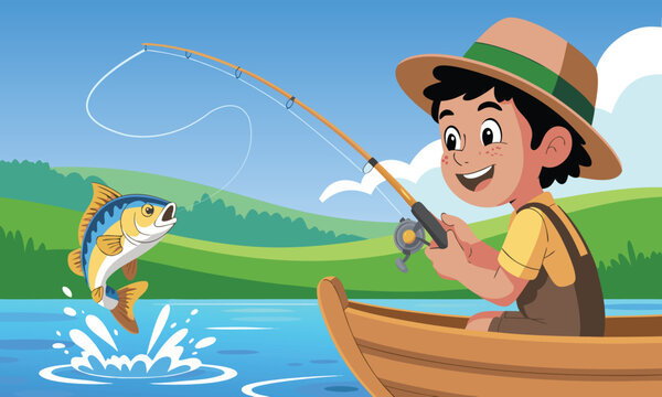 Vector illustration, boy fishing in the lake, as a banner, poster or template, national go fishing day.