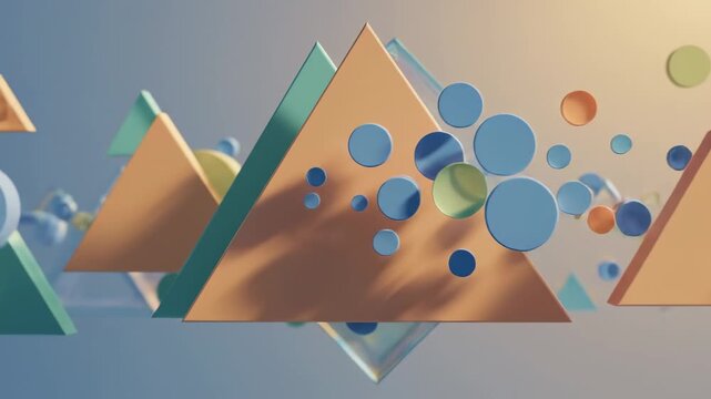 Abstract geometric formations composed of triangular planes and circular spheres gracefully float and cast subtle shadows against a soft, diffused atmospheric gradient, evoking a sense
