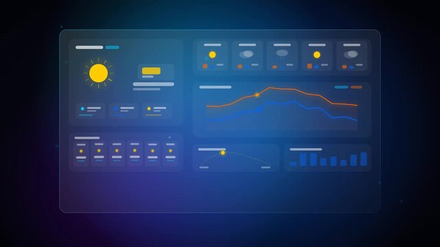 A dynamic glassmorphism weather forecast dashboard, showing beautiful meteorological data and icons on a translucent interface.