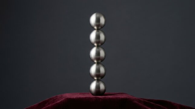 Five Perfectly Uniform Metal Spheres Precisely Stacked in Vertical Balance on a Dark Fabric Surface