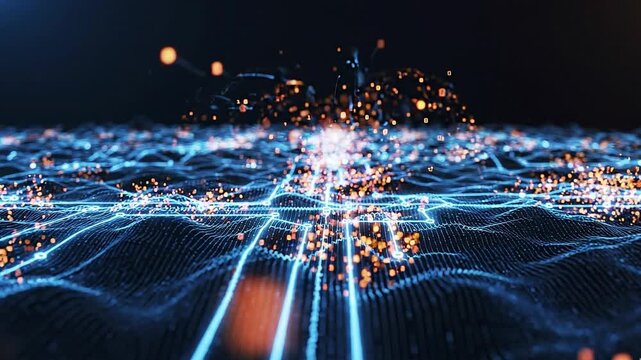 Digital data stream flowing through a network of glowing circuit lines and floating particles in this high quality 4k motion video for modern technology concept backgrounds