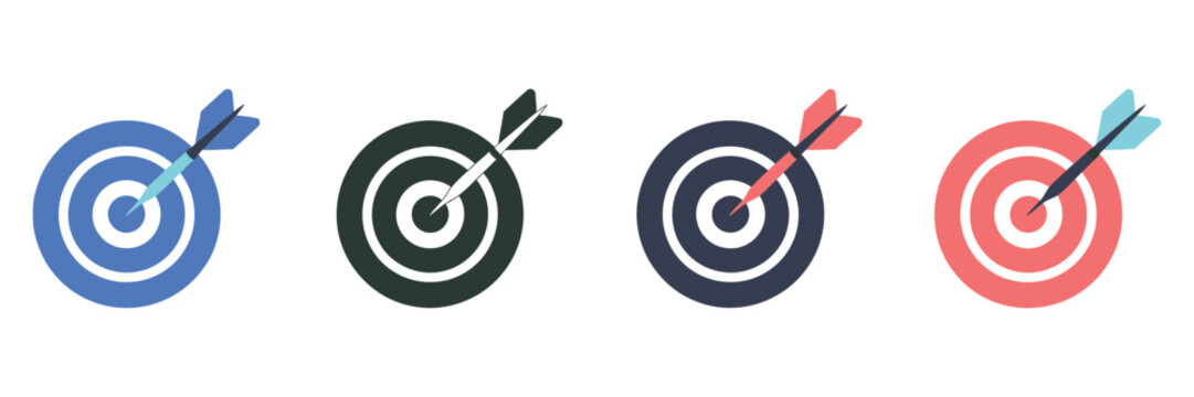 Target icon sheet multiple style collection featuring bullseye and aim symbols, modern flat, outline, and filled target icons for business, focus