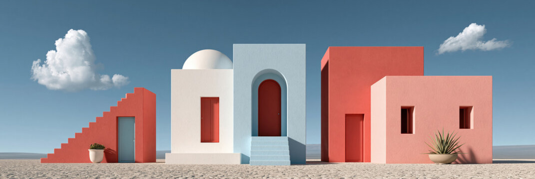 Minimalist modern architectural composition in soft pastel colors under bright summer sky. Geometric buildings with arches and stairs in desert landscape. Clean sunny aesthetic, ideal for header.