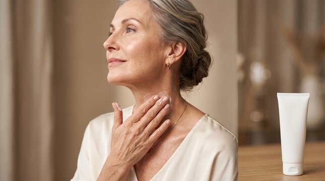 Mature woman applying face cream to her neck in a room