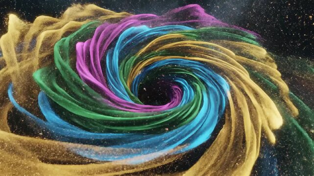 Mesmerizing cosmic vortex of vibrant swirling colored particles forming a dynamic spiral pattern against the vast expanse of outer space, conveying energy and movement
