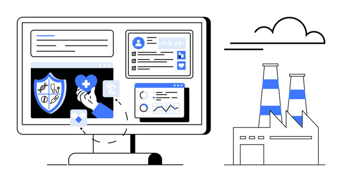 Healthcare security, industrial safety, data analytics, digital health, environmental monitoring, workplace safety. Computer screen with health icons and factory illustration. Healthcare security