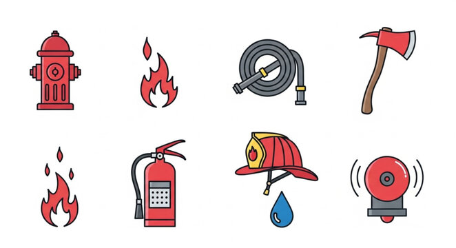 Firefighter equipment and safety icons collection.