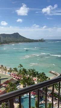 View from hotel balcony overlooking Waikiki Beach and Diamond Head Crater in Honolulu on the island of Oahu in Hawaii. 
