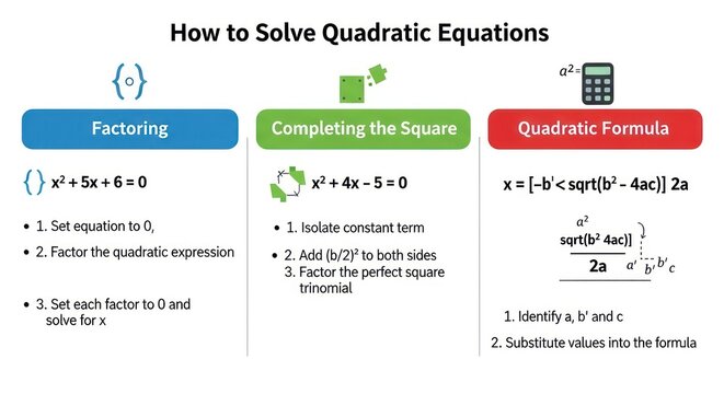 Infographic Guide to Solving Quadratic Equations with Three Methods.