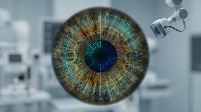 Biometric Iris Scan with Digital Overlay for Eye Recognition and Medical AI Diagnostic Concept