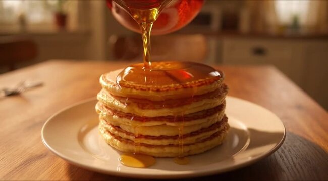 Delicious pancakes with maple syrup pouring in slow motion on wooden table 4K Ai HD high quality video.