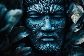 Fototapeta premium Tangaroa Tiki Idol Polynesian Sea God Carved with Maori Ta Moko Patterns in Tropical Foliage Shrine Setting