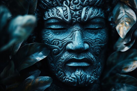 Tangaroa Tiki Idol Polynesian Sea God Carved with Maori Ta Moko Patterns in Tropical Foliage Shrine Setting