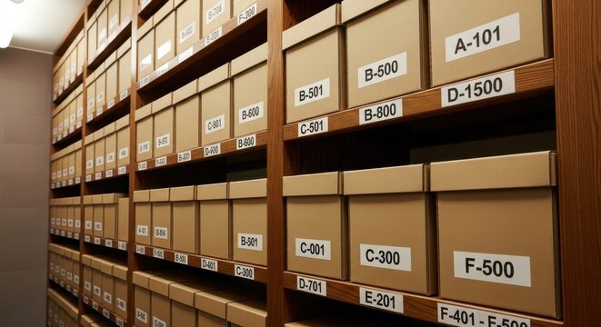 Neatly stacked archive boxes with clear alphanumeric labels on wooden shelves in a storage facility
