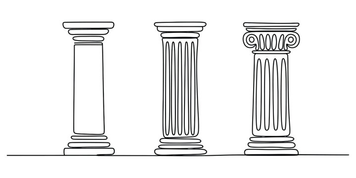 Three different classical greek and roman columns set in a simple line art style Vector, illustration