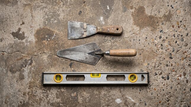 Top view of masonry tools and spirit level on a weathered concrete floor