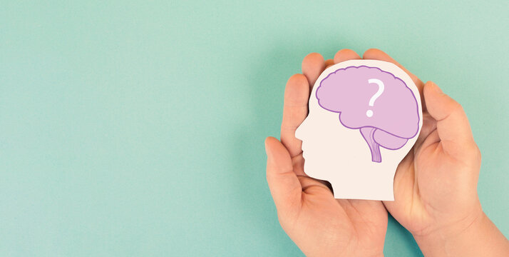 Alzheimer awareness day, dementia diagnosis, Parkinson disease, memory loss disorder, shrinking brain with question mark, damaged mind 