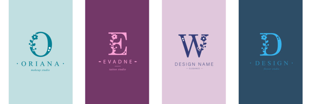 Logo O, E, capital letter W, D. Monogram of Botanical Minimalistic, Initial. with Organic Plant Elements. chamomile, Dandelion. Vector design.