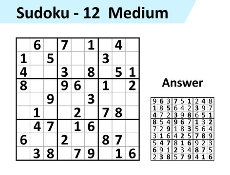Sudoku game with answers. Simple vector design set Sudoku. Blank template. Complexity of the task is medium.
