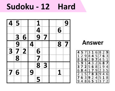 Sudoku game with answers. Simple vector design set Sudoku. Blank template. Complexity of the task is hard.