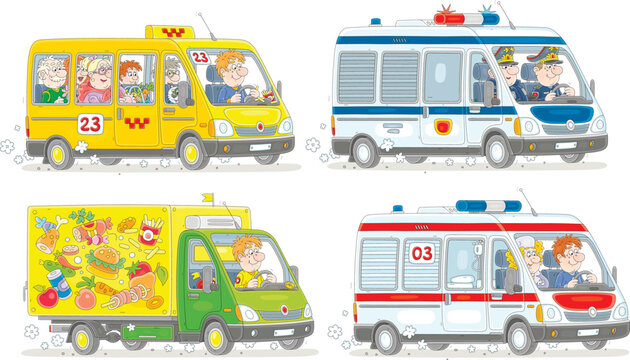 Set of special vehicles with an ambulance car, a police car, a food truck and a small bus, a set of vector cartoon illustrations