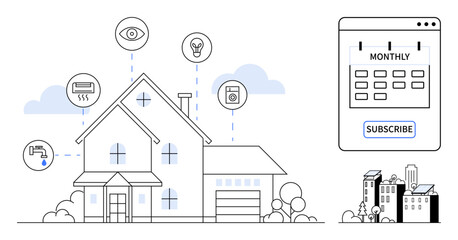 Fototapeta premium Smart homes, IoT, energy efficiency, subscription services, home security, technology interface. House with icons for smart devices. Smart homes and IoT home management concept