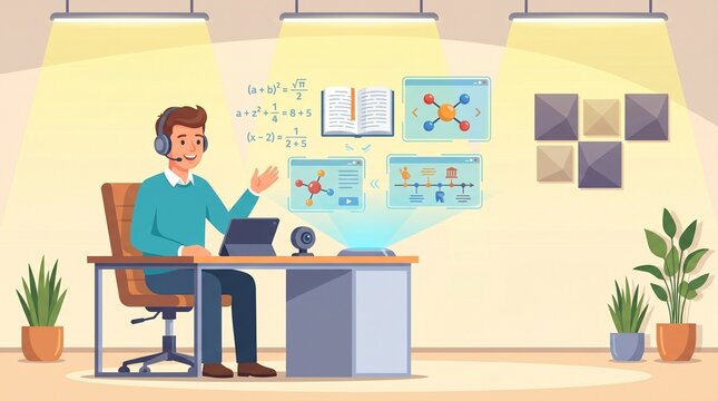 Man teaching chemistry online with molecular diagrams on screen in home office