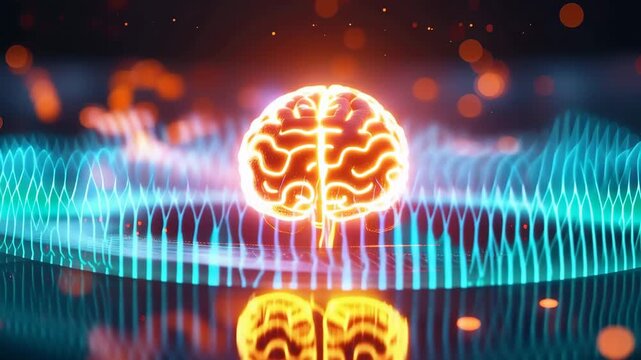 Mind's Symphony: An intricate representation of the human mind, showcasing the brain amidst dynamic, luminous energy waves, symbolizing thought and cognitive activity. 