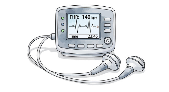 Fetal heart rate monitor with display and headphones, illustration