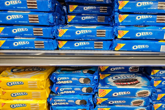Minneapolis, USA - May 2, 2026: Various Oreo cookie packages on a shelf. Editorial Use Only.