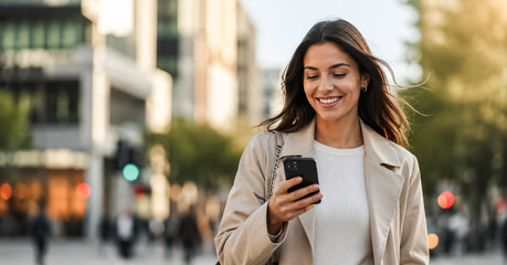 Fototapeta premium Smiling woman in a beige coat using her smartphone on a busy city street. Typical urban lifestyle stock photo.