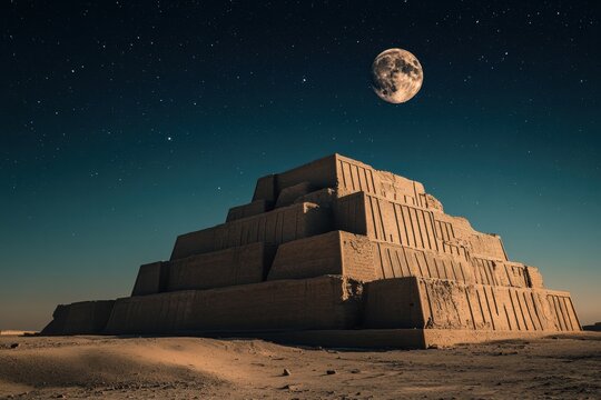 Ziggurat of Ur Under Nanna Moon God Full Moonlight Starry Desert Night