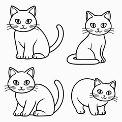 Obraz premium Four Cute Cartoon Cats in Black and White Outline Style Poses