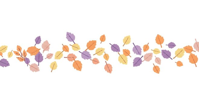Vibrant autumn leaves in various shades of orange yellow and purple falling scattered horizontally creating a festive design element