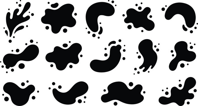 Black liquid splash silhouettes and organic abstract blot shapes featuring minimalist paint drips and ink spot elements for modern graphic design projects.