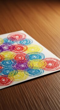 Close view of repetitive patterns scribbled on a piece of paper lying on a wooden surface, suggesting tedious inactivity and mental fatigue, stressed, abstract, mental