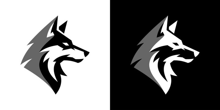 Two minimalist wolf head profiles in contrasting black and white geometric design, set against a solid black backdrop with clean edges.