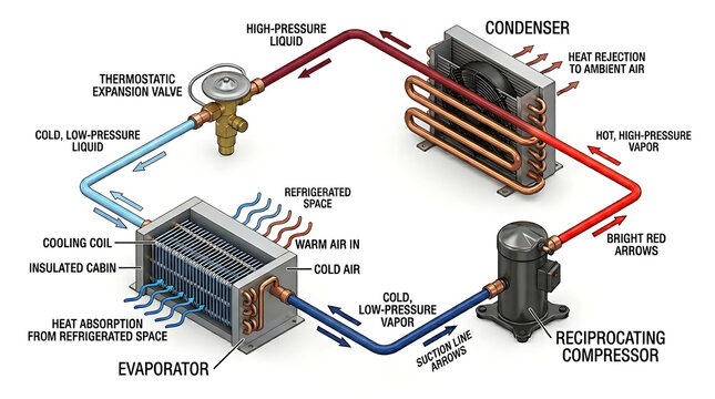 Educational diagram of refrigeration cycle showing compressor condenser expansion valve and evaporator components.