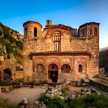 Ancient stone church in rocky landscape