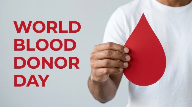 World Blood Donor Day concept, man holding red paper blood drop on white t-shirt, blood donation awareness and healthcare campaign