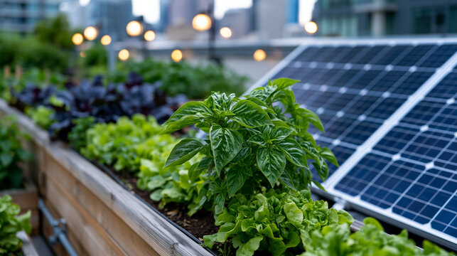 Rooftop community garden on urban apartment building featuring raised vegetable beds alongside newly installed solar panels, city skyline visible beyond parapet wall, ideal for urban sustainability,