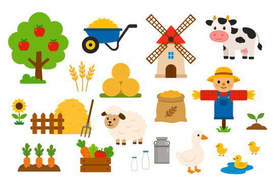 Farm themed elements set with animals barn tractor and hay collection