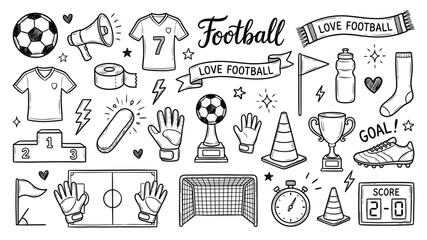 Football doodle icon set vector bundle with soccer equipment and game elements for sports design © Salam Studio