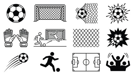 Soccer football icon set vector with ball goal net gloves field and player symbols for sports graphic © Salam Studio