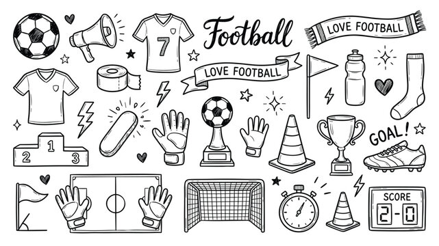 Football doodle icon set vector bundle with soccer equipment and game elements for sports design