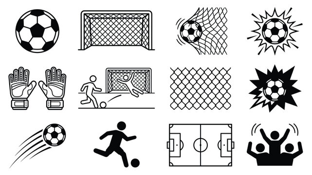 Soccer football icon set vector with ball goal net gloves field and player symbols for sports graphic