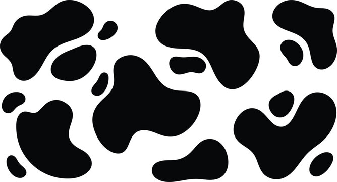 Cow print pattern with black organic blot silhouettes on a white background, featuring abstract liquid splash shapes and dalmatian spot animal skin texture vector design.