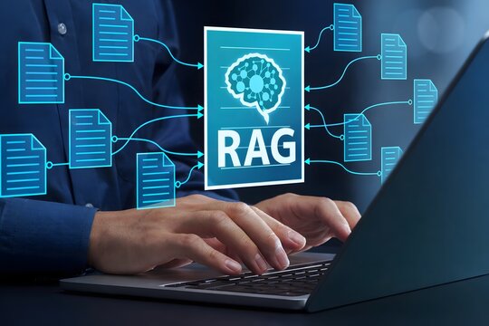 RAG retrieval-Augmented Generation. Semantic search for internal RAG. Semantic search for internal enterprise documents. Businessman using laptop for summarizing knowledge.